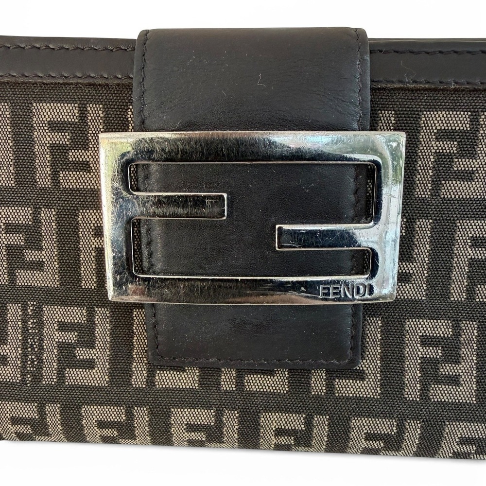 Fendi Zucca Canvas Leather Snap Wallet Brown Black FF Logo Long Wallet - Picture 4 of 11